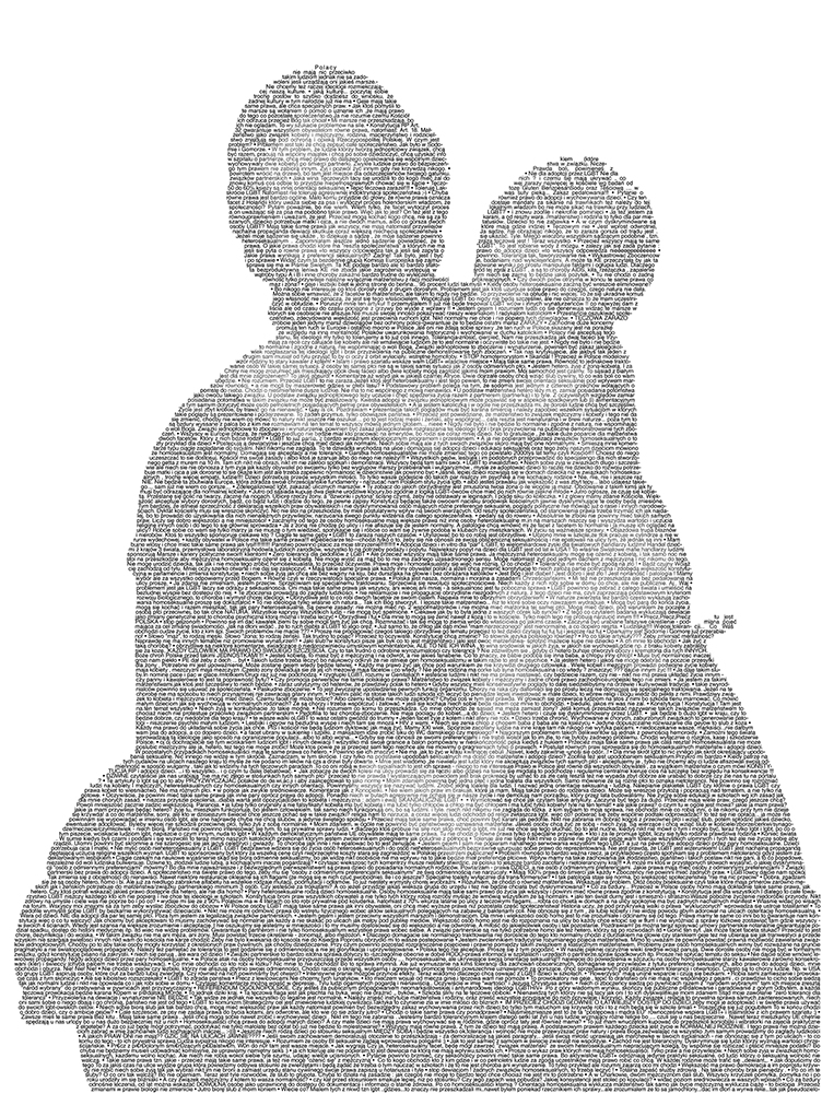 Grafika ułożona z czarnych liter na białym tle, przypominająca zarys postaci matki i dziecka.
