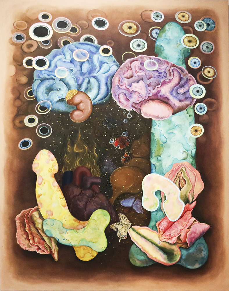 Zdjęcie. Obraz przedstawiający kształty przypominające kolorowe mózgi, penisy i waginy oraz inne narządy wewnętrzne.