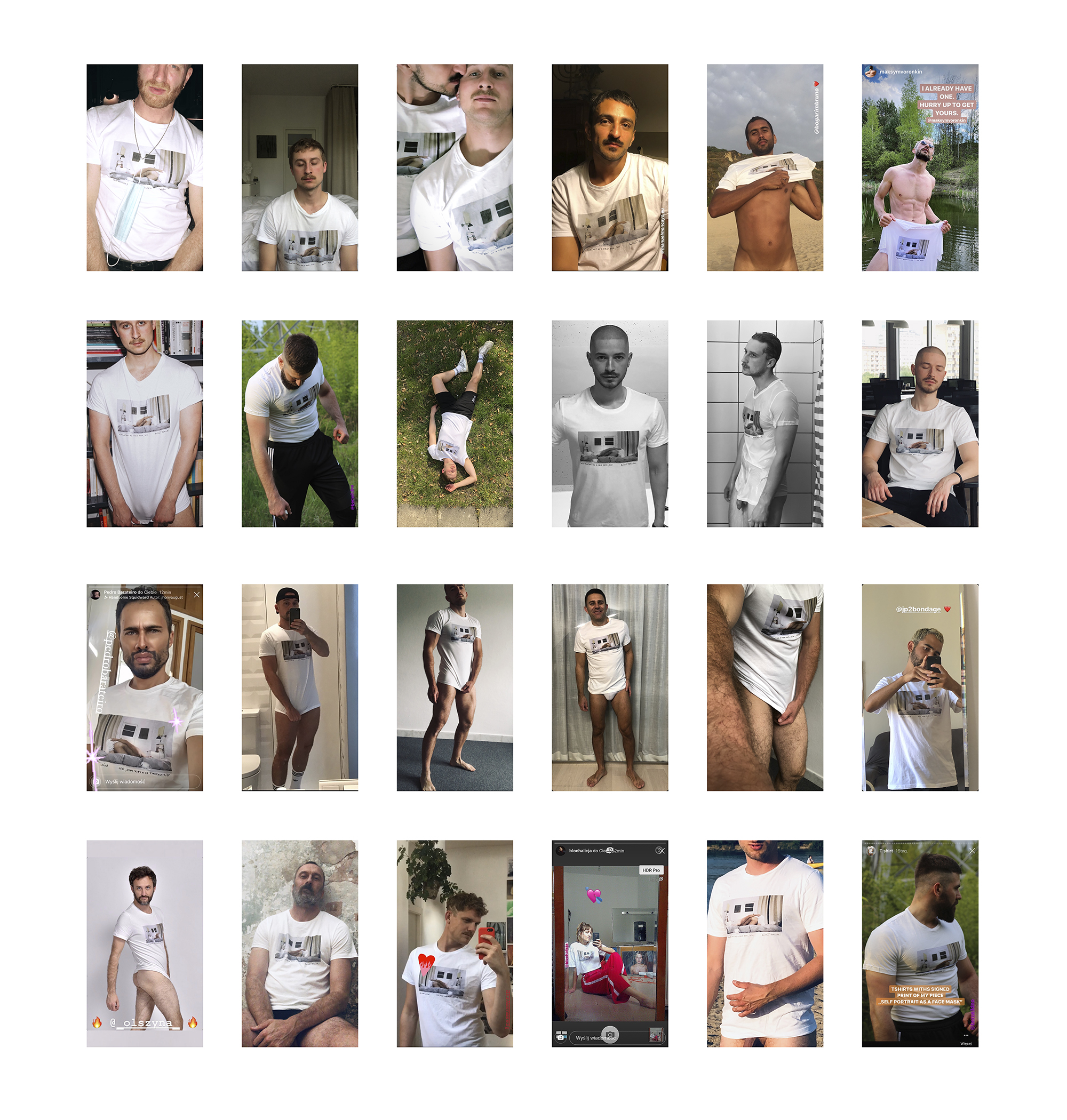 Zdjęcie. Fotografie na ścianie. Każda z nich przedstawia mężczyznę w białej koszulce.