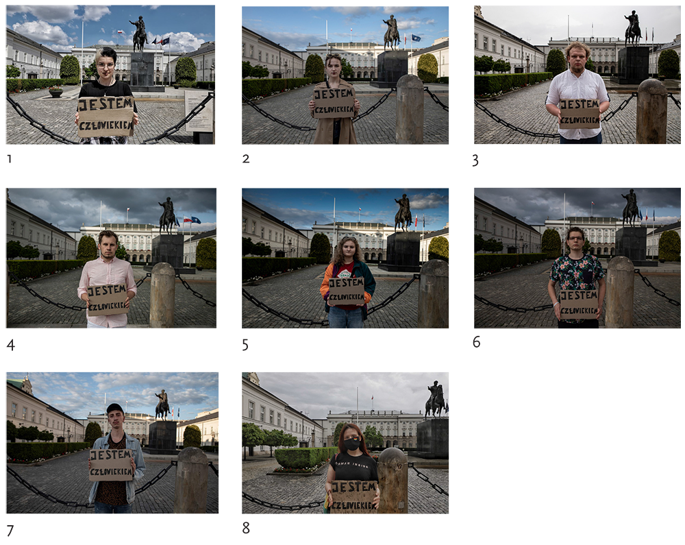 Zdjęcia. Na każdym z ośmiu zdjęć jest osoba, trzymająca przed sobą karton z napisem "jestem człowiekiem". W tle pałac prezydencki i pomnik konny.