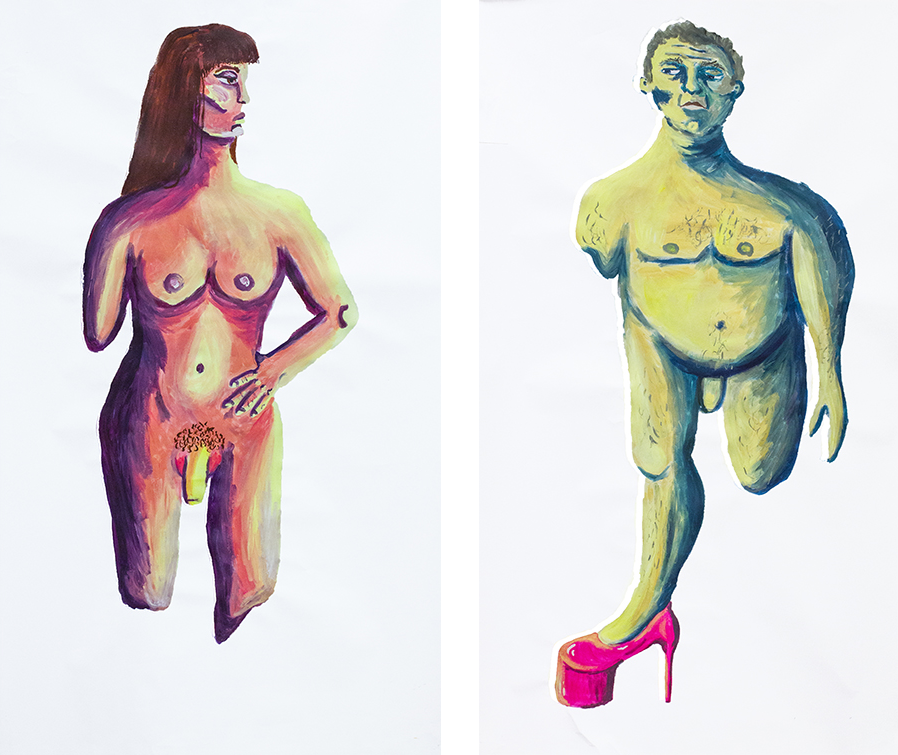 Zdjęcie. Dwa obrazy. Po lewej namalowana jest naga postać o wyglądzie kobiety z penisem. Nie ma ona nóg. Po lewej postać męska, w kolorze zielonym. Nie ma jednej nogi i jednej ręki. Na stopie różowy but na obcasie.